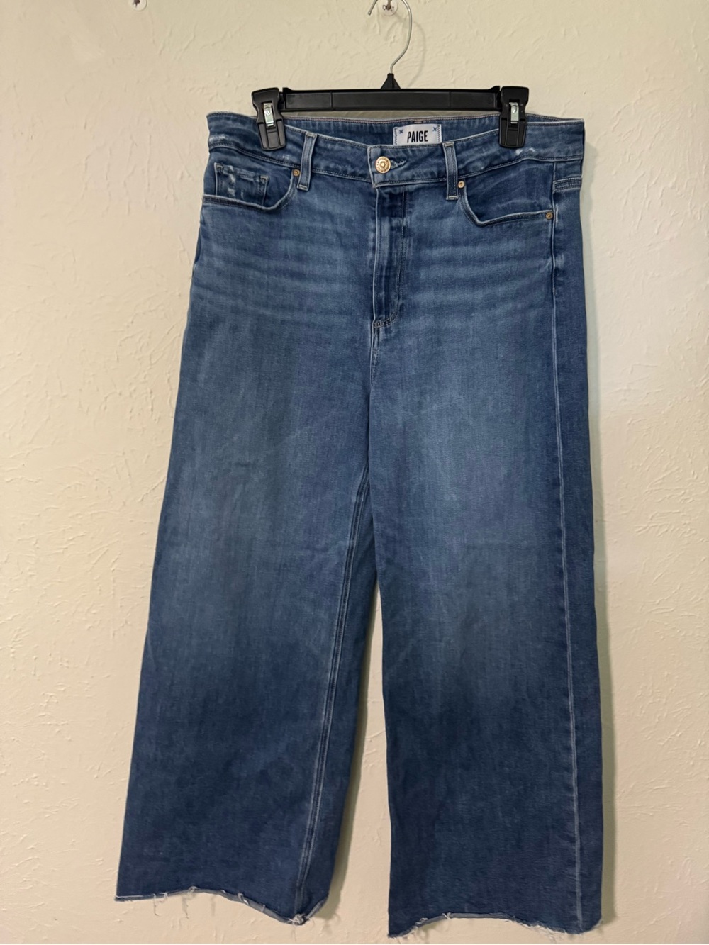 Paige Anessa Wide Leg Raw Hem Painterly Distressed Jean Size 32